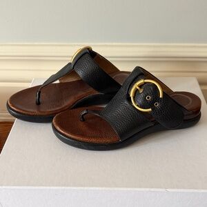 Chloe Black Leather Sandals with Gold Ring Detail, Size 37 (US 6.5)